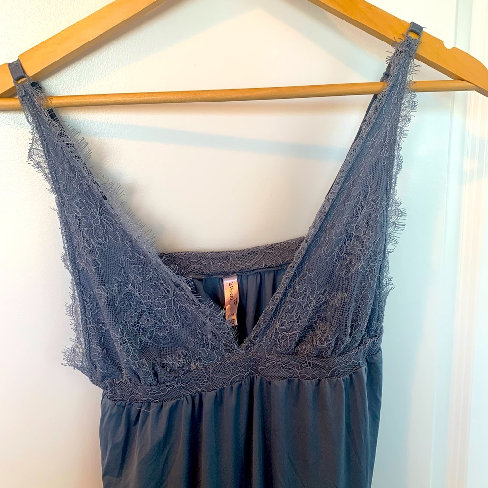 Lace-Trim Slip Dress in Dusty Blue — La Vie en Rose - Picture 2 of 2